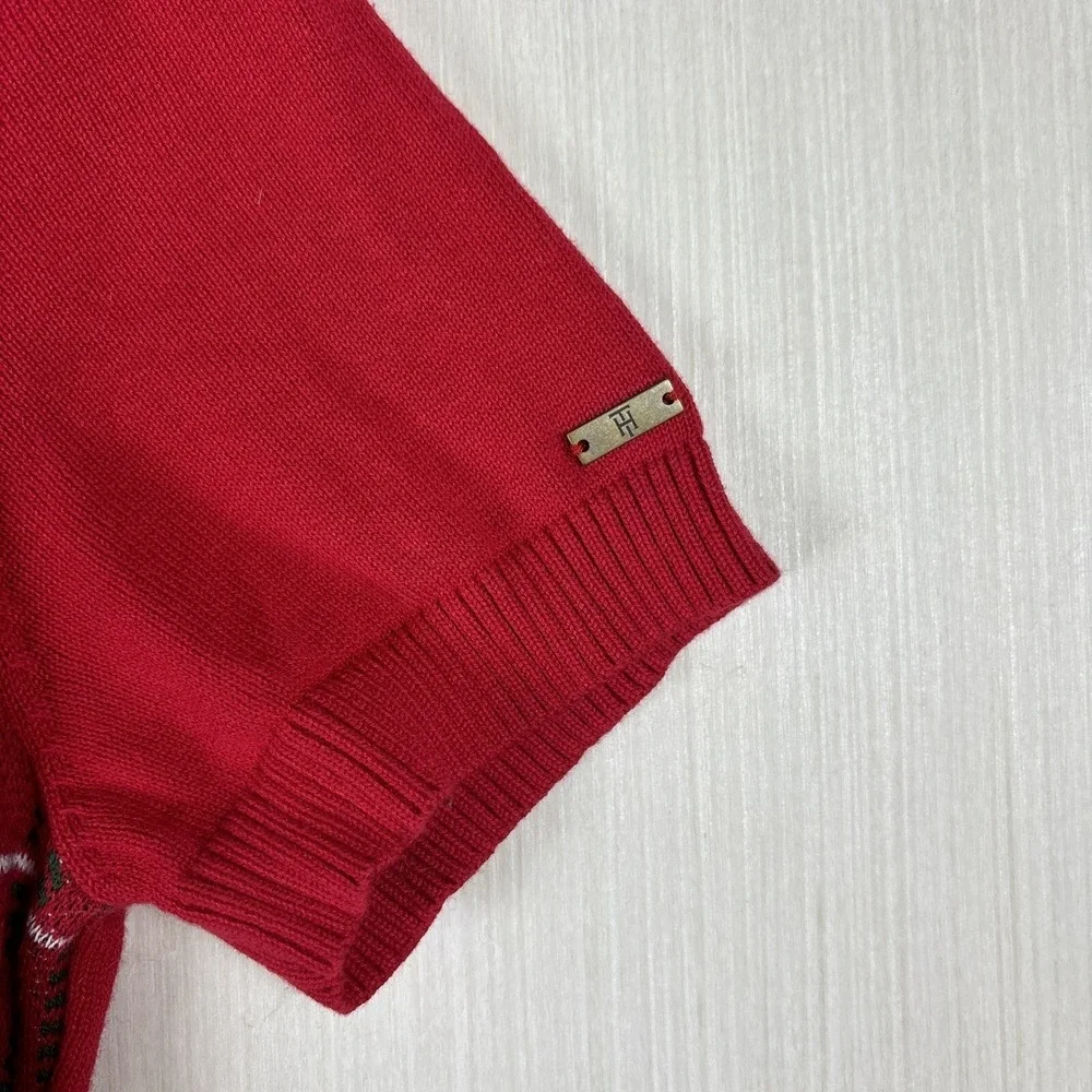 Tommy Hilfiger Womens Sweater‎ Dress Sz S Red Holiday Plaid Short Sleeve Logo